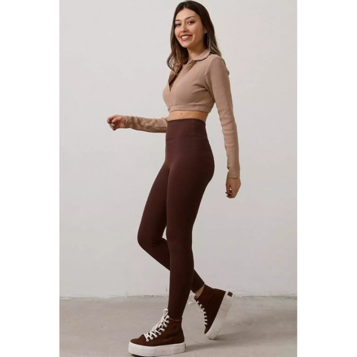 Kahverengi Yüksek Bel Fitilli Kadın Tayt Yazlık 2001