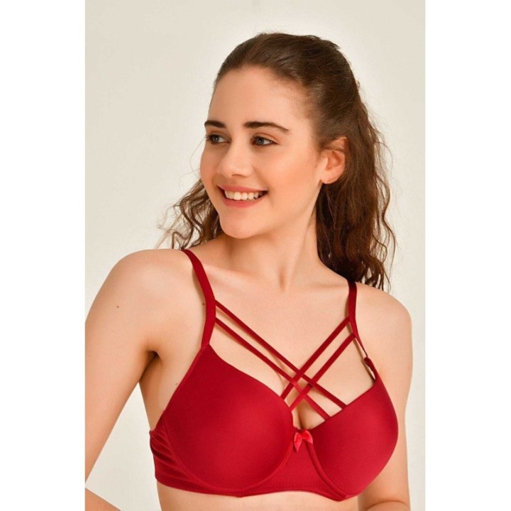 Çapraz İpli Silikonlu Dolu Sütyen Bordo