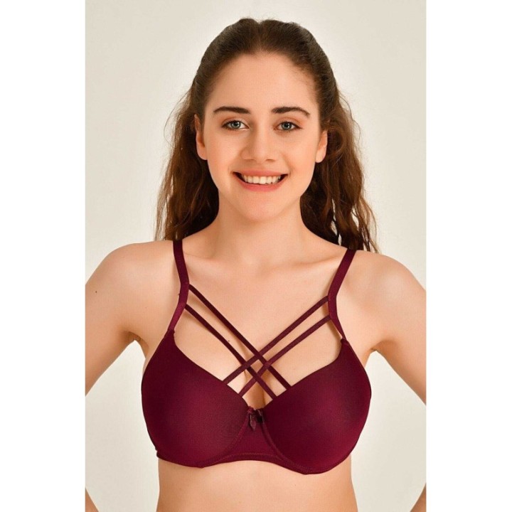 Çapraz İpli Silikonlu Dolu Sütyen Mürdüm